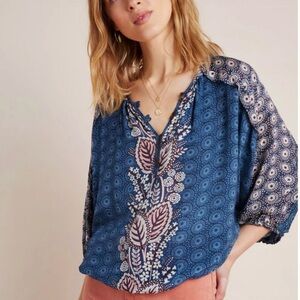 Anthropologie Maeve Women's Blue Maroon Letizia Ruffled Blouse Size XS